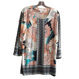 Peck & Peck Blouse  Bold Mod Flowers 3/4 Sleeve Stretch Pullover Top XL VTG